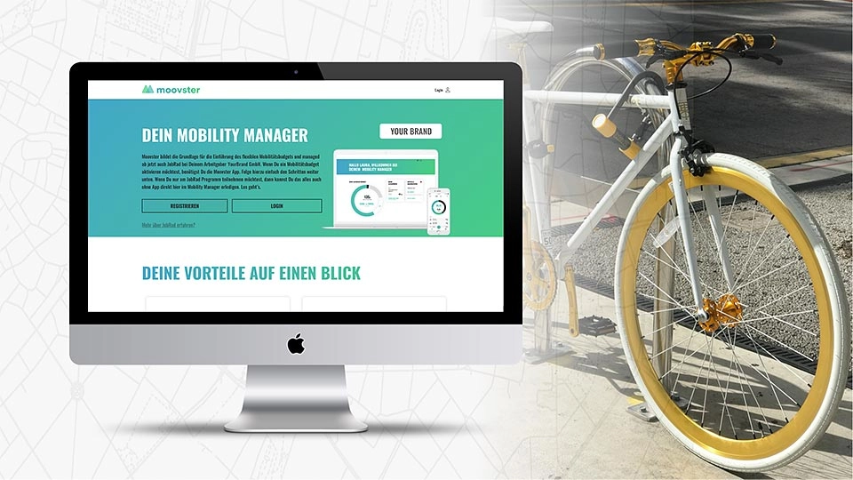 Ein Bildschirm auf der Linken Seite und ein weißes Fahrrad auf der rechten Seite des Bildes. Auf dem Bidschirm steht "Dein Mobility Manager, deine Vorteile auf einen Blick" Ein Bildschirm auf der Linken Seite und ein weißes Fahrrad auf der rechten Seite des Bildes. Auf dem Bidschirm steht "Dein Mobility Manager, deine Vorteile auf einen Blick"